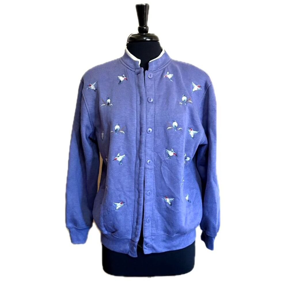 Purple Button-up Crewneck Sweatshirt Bird Embroidery Medium
